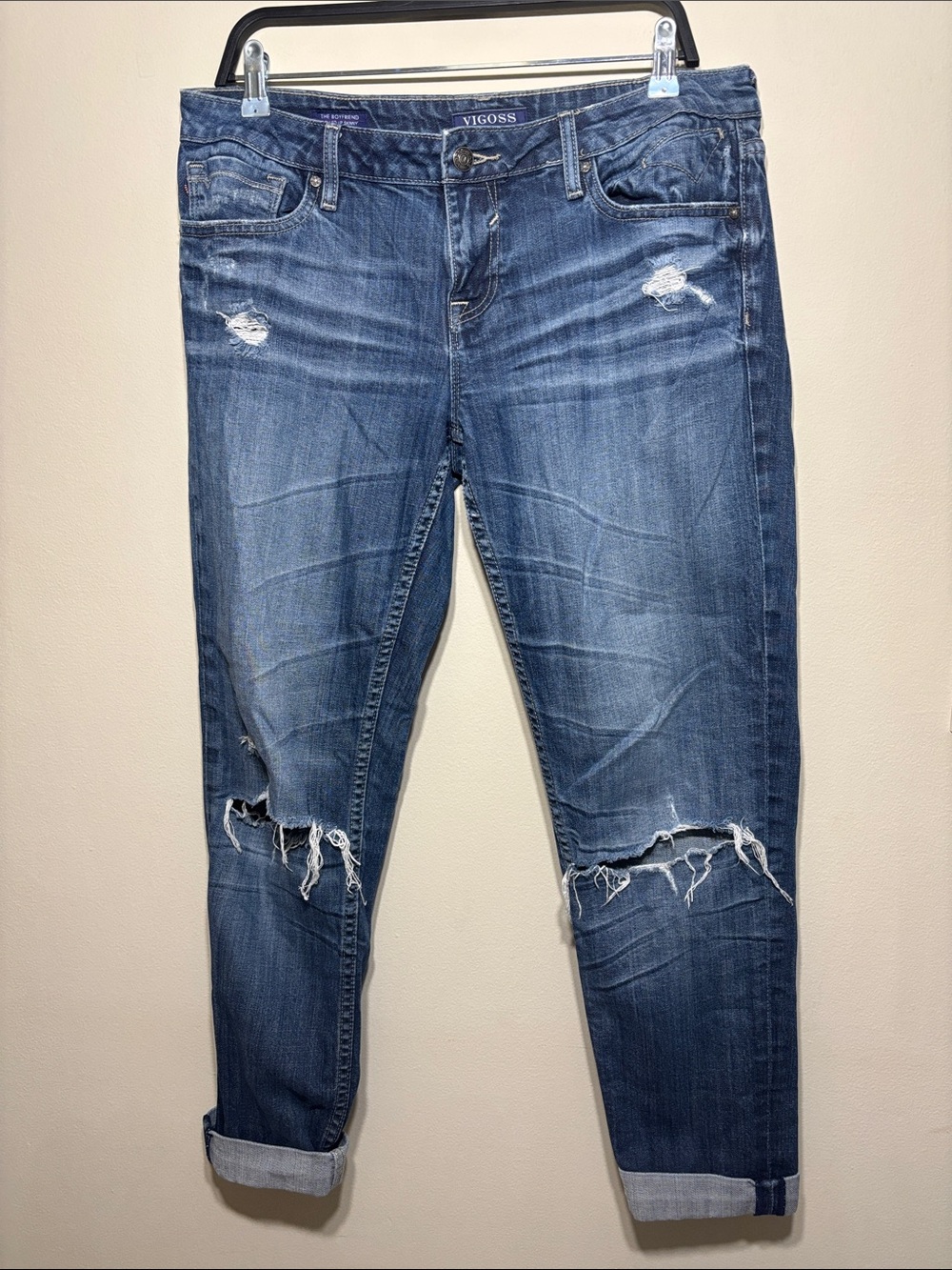 Vigoss Ripped Rolled Cuff Boyfriend Jeans - Dark Blue